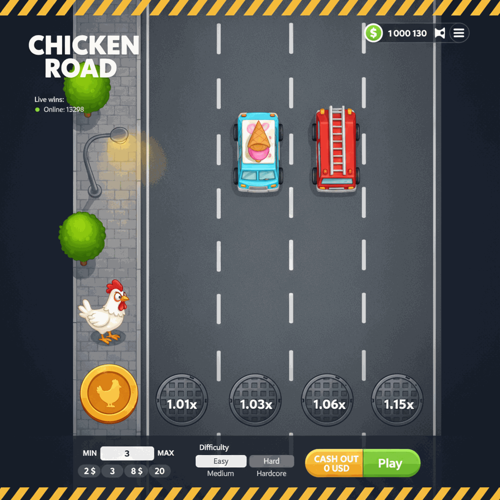 Écran de jeu Chicken Road montrant une poule cartoon blanche avec crête rouge au bord d'une route goudronnée grise à multiples voies séparées par des lignes blanches pointillées, plaques d'égout circulaires affichant les multiplicateurs de gains sur chaque voie, arbres verts et lampadaire urbain sur le trottoir de gauche, vue de dessus en perspective isométrique avec interface de mise et bouton de retrait en bas